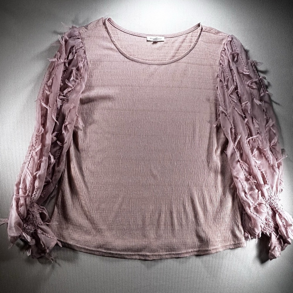 Blu Pepper Women's Dusty‎ Pink Knit Top Long Sheer Sleeves  W/ Fringe Medium